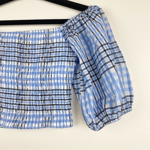 Lulu's Delightful Disposition Blue Plaid Smocked Puff Sleeve Crop Top Size S - Picture 4 of 9